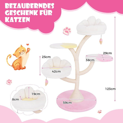Kratzbaum aus Holz, süßer Katzenbaum mit 2 Liegeflächen &amp; 2 Plattformen &amp; Spielball &amp; Sisalstämmen weiß + rosa