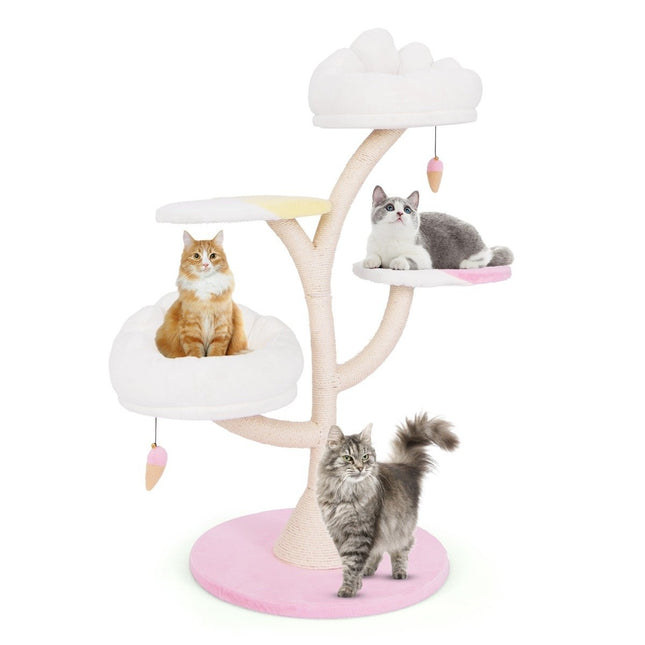 Kratzbaum aus Holz, süßer Katzenbaum mit 2 Liegeflächen &amp; 2 Plattformen &amp; Spielball &amp; Sisalstämmen weiß + rosa