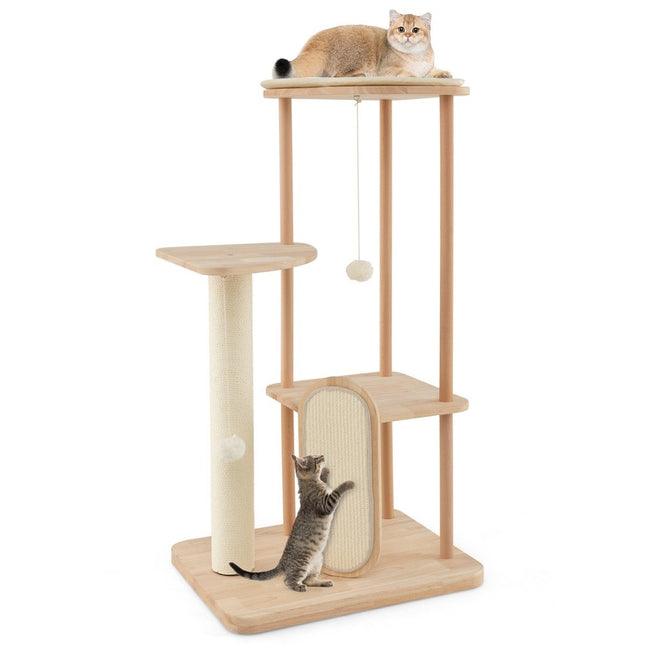 Holzkratzbaum mehrstöckiger Katzenturm mit Kratzbrett Sisalstämme gepolsterte Sitzfläche 59 x 47 x 112 cm beige