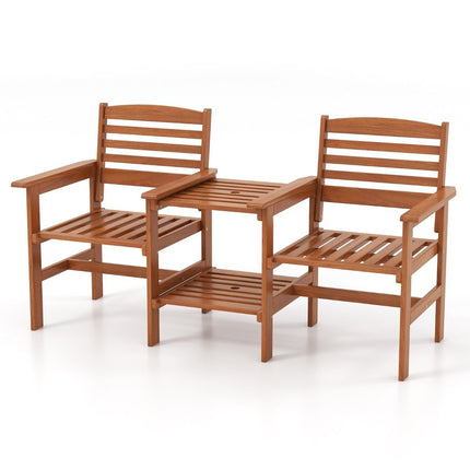 Holzsitzgruppe mit Couchtisch und Schirmloch. Wetterfestes Gartenmöbel-Set für die Terrasse