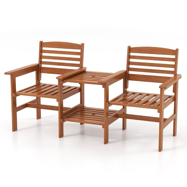 Holzsitzgruppe mit Couchtisch und Schirmloch. Wetterfestes Gartenmöbel-Set für die Terrasse
