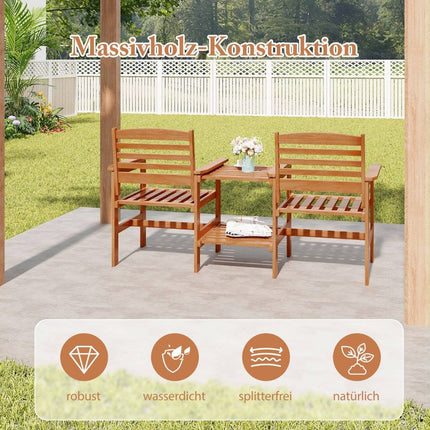 Holzsitzgruppe mit Couchtisch und Schirmloch. Wetterfestes Gartenmöbel-Set für die Terrasse