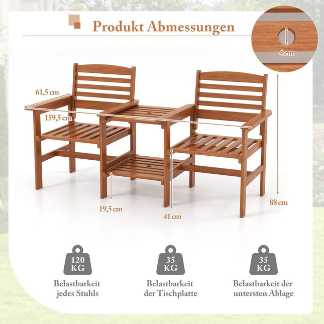 Holzsitzgruppe mit Couchtisch und Schirmloch. Wetterfestes Gartenmöbel-Set für die Terrasse