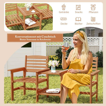 Holzsitzgruppe mit Couchtisch und Schirmloch. Wetterfestes Gartenmöbel-Set für die Terrasse