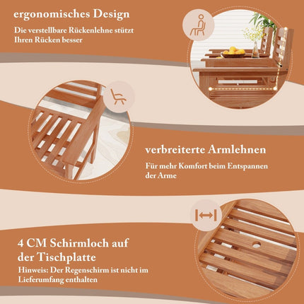 Holzsitzgruppe mit Couchtisch und Schirmloch. Wetterfestes Gartenmöbel-Set für die Terrasse