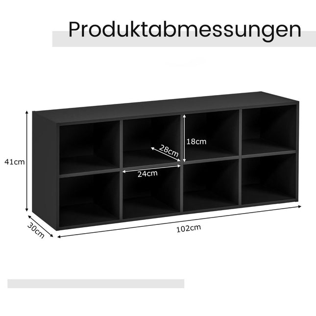 Wooden shoe bench with seat and 8 open compartments, 230 kg load capacity, shoe cabinet, black