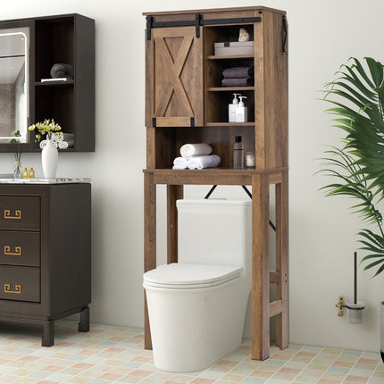 Armoire de toilette en bois avec porte coulissante et étagères réglables en 4 directions, marron