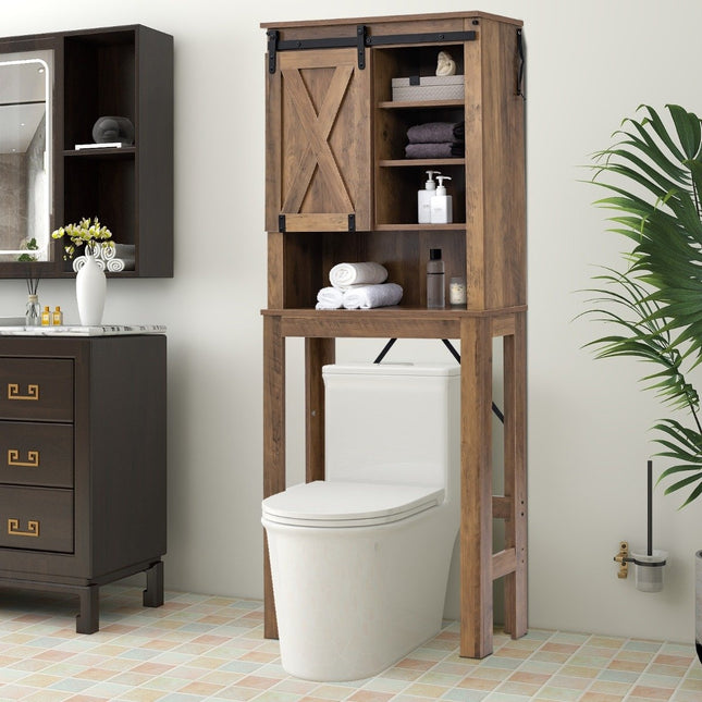 Armoire de toilette en bois avec porte coulissante et étagères réglables en 4 directions, marron