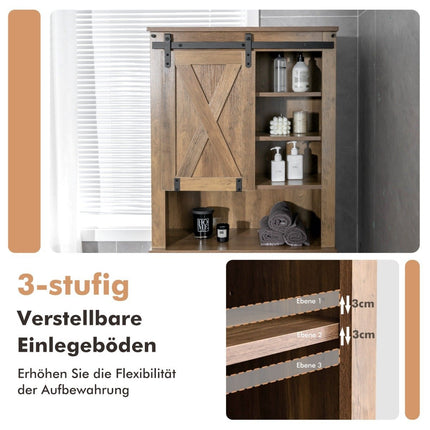 Armoire de toilette en bois avec porte coulissante et étagères réglables en 4 directions, marron