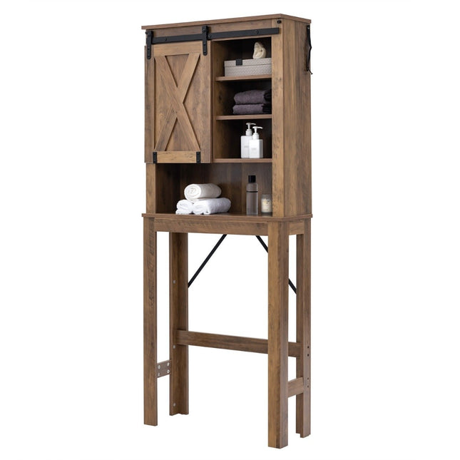 Armoire de toilette en bois avec porte coulissante et étagères réglables en 4 directions, marron