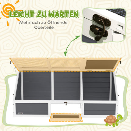 Maison de tortue en bois, enclos à tortues avec deux maisons principales, couvercle à charnière, clé, cage à reptiles extérieure pour petits animaux 120 x 55 x 50 cm, gris clair