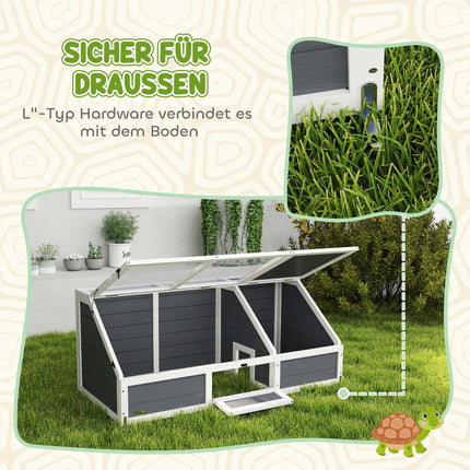 Maison de tortue en bois, enclos à tortues avec deux maisons principales, couvercle à charnière, clé, cage à reptiles extérieure pour petits animaux 120 x 55 x 50 cm, gris clair