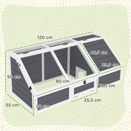 Maison de tortue en bois, enclos à tortues avec deux maisons principales, couvercle à charnière, clé, cage à reptiles extérieure pour petits animaux 120 x 55 x 50 cm, gris clair