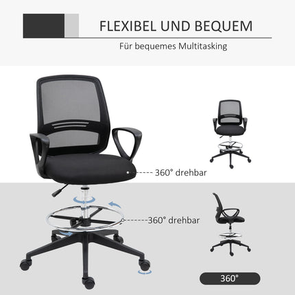 Chaise de travail ergonomique pivotante, chaise de bureau, assis-debout réglable en hauteur, repose-pieds, métal, noir, 59,5 x 60 x 102,5-126 cm