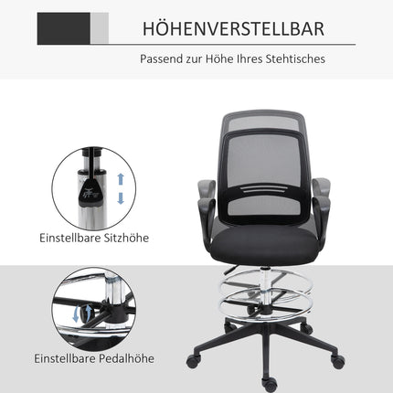 Chaise de travail ergonomique pivotante, chaise de bureau, assis-debout réglable en hauteur, repose-pieds, métal, noir, 59,5 x 60 x 102,5-126 cm