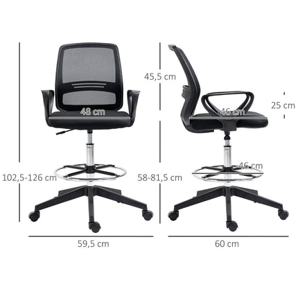 Chaise de travail ergonomique pivotante, chaise de bureau, assis-debout réglable en hauteur, repose-pieds, métal, noir, 59,5 x 60 x 102,5-126 cm