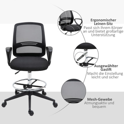 Chaise de travail ergonomique pivotante, chaise de bureau, assis-debout réglable en hauteur, repose-pieds, métal, noir, 59,5 x 60 x 102,5-126 cm