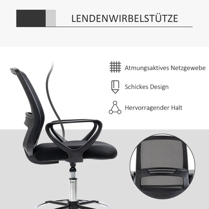 Chaise de travail ergonomique pivotante, chaise de bureau, assis-debout réglable en hauteur, repose-pieds, métal, noir, 59,5 x 60 x 102,5-126 cm
