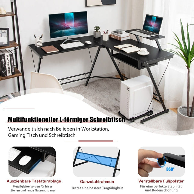 Arbeitstisch L-förmiger Computertisch mit beweglichem Ständer Schwarz