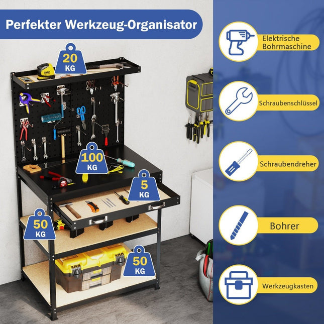 Werkbank 81 x 41 cm 225 kg belastbar Arbeitstisch mit Lochwand &amp; Schubladen &amp; Ablageflächen schwarz