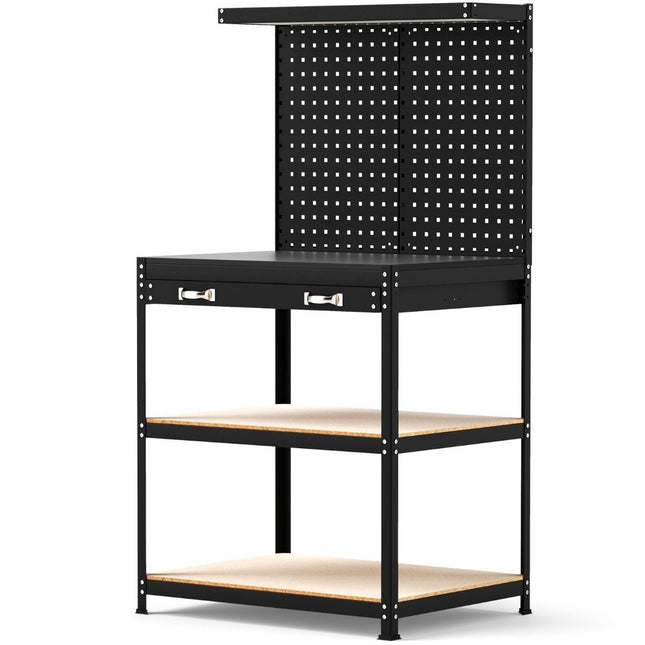 Werkbank 81 x 41 cm 225 kg belastbar Arbeitstisch mit Lochwand &amp; Schubladen &amp; Ablageflächen schwarz