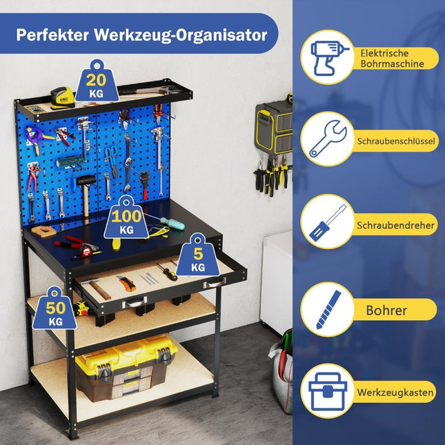 Werkbank 81 x 41 cm 225 kg belastbar Arbeitstisch mit Lochwand &amp; Schubladen &amp; Ablageflächen blau
