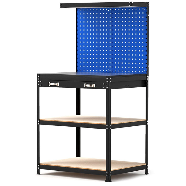 Werkbank 81 x 41 cm 225 kg belastbar Arbeitstisch mit Lochwand &amp; Schubladen &amp; Ablageflächen blau