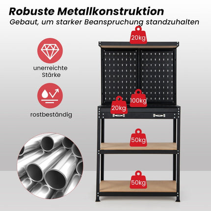 Werkbank mit Lochwand, Schubladen, Metallgestell, 81x41x155 cm