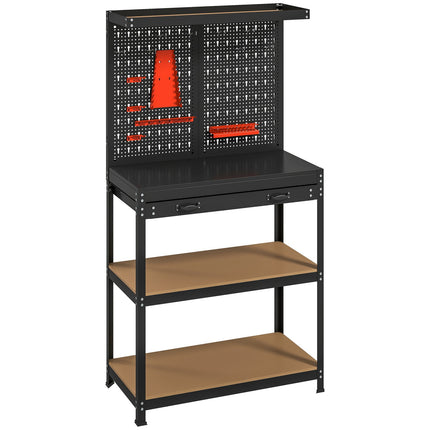 Workbench with Pegboard, Hooks, Drawer, 2 Shelves, Black
