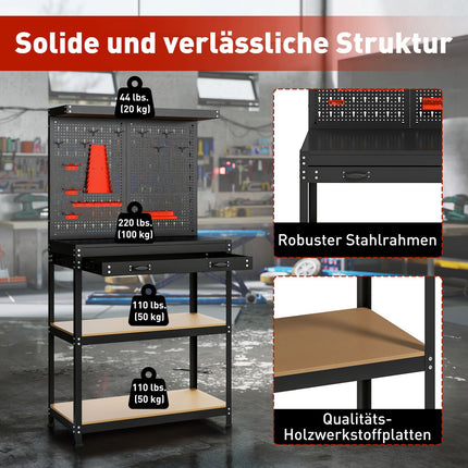 Workbench with Pegboard, Hooks, Drawer, 2 Shelves, Black