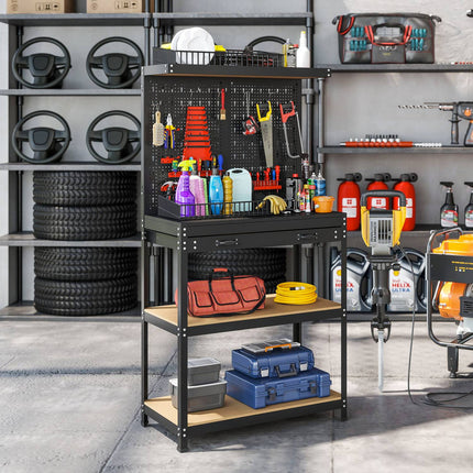 Workbench with Pegboard, Hooks, Drawer, 2 Shelves, Black