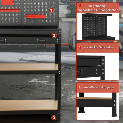 Workbench with Pegboard, Hooks, Drawer, 2 Shelves, Black