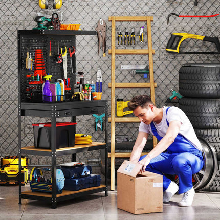 Workbench with Pegboard, Hooks, Drawer, 2 Shelves, Black