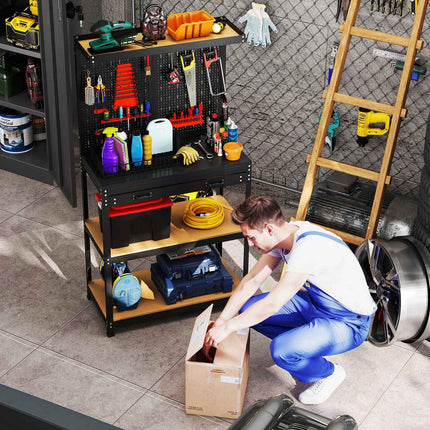 Workbench with Pegboard, Hooks, Drawer, 2 Shelves, Black