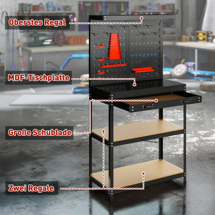 Workbench with Pegboard, Hooks, Drawer, 2 Shelves, Black