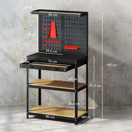 Workbench with Pegboard, Hooks, Drawer, 2 Shelves, Black