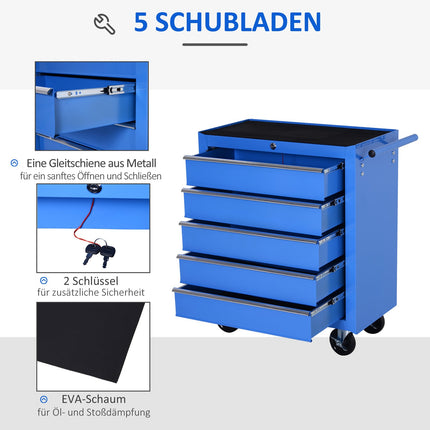 Servante d'atelier, servante à outils mobile avec 5 tiroirs, chariot, boîte à outils, rouge