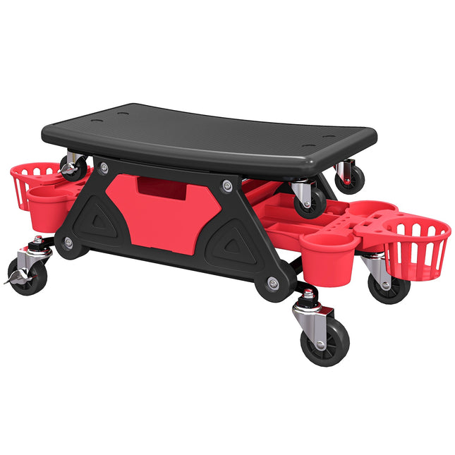 Dílenská stolička s odnímatelnými kolečky, sedátkem, úložným prostorem, výška 33 cm, pojízdná stolička, nosnost až 135 kg, červená