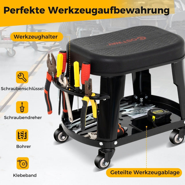 Werkstatthocker Werkstattstuhl mit Geräteablage und Werkzeughalter Werkstatt Rollhocker schwarz