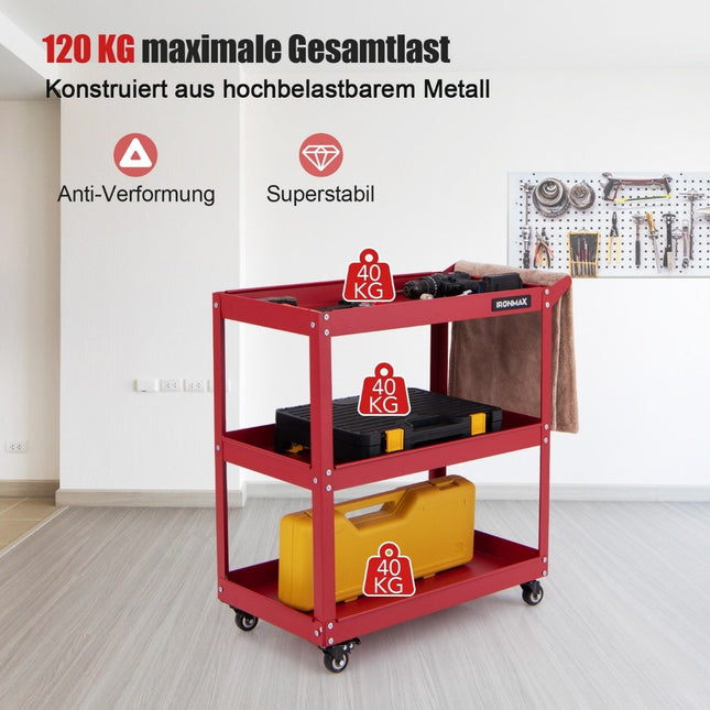 Werkstattwagen 3-etagig Werkstattwagen mit 4 Universalrollen &amp; Griff 73 x 36 x 75 cm Rot