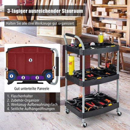 Werkstattwagen Rollwagen mit 3 Ebenen Werkzeugwagen mit getrennten Fächern 59 x 45 x 107 cm schwarz