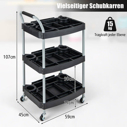 Werkstattwagen Rollwagen mit 3 Ebenen Werkzeugwagen mit getrennten Fächern 59 x 45 x 107 cm schwarz