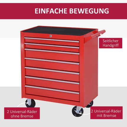 Servante d'atelier à roulettes, servante d'atelier à 7 tiroirs, servante de montage verrouillable avec frein de stationnement, servante mobile, charge max. 150 kg, acier, rouge