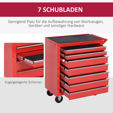 Servante d'atelier à roulettes, servante d'atelier à 7 tiroirs, servante de montage verrouillable avec frein de stationnement, servante mobile, charge max. 150 kg, acier, rouge