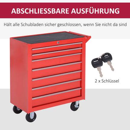 Servante d'atelier à roulettes, servante d'atelier à 7 tiroirs, servante de montage verrouillable avec frein de stationnement, servante mobile, charge max. 150 kg, acier, rouge
