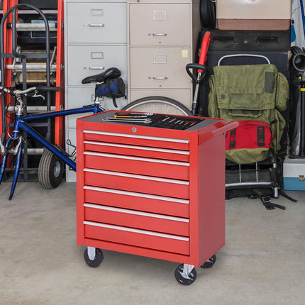 Servante d'atelier à roulettes, servante d'atelier à 7 tiroirs, servante de montage verrouillable avec frein de stationnement, servante mobile, charge max. 150 kg, acier, rouge