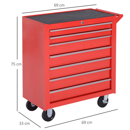 Servante d'atelier à roulettes, servante d'atelier à 7 tiroirs, servante de montage verrouillable avec frein de stationnement, servante mobile, charge max. 150 kg, acier, rouge