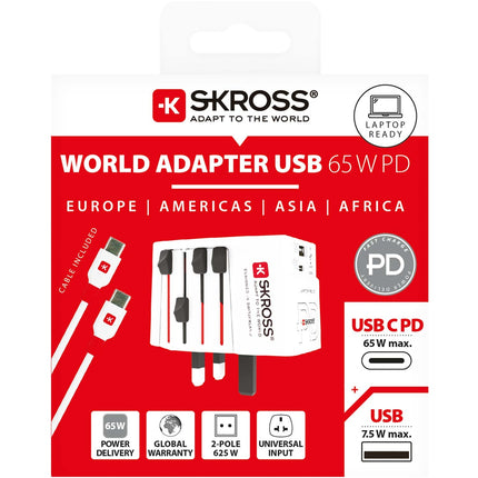 Adaptateur de voyage universel MUV USB AC65PD USB-A+USB-C PD 65 W sans mise à la terre