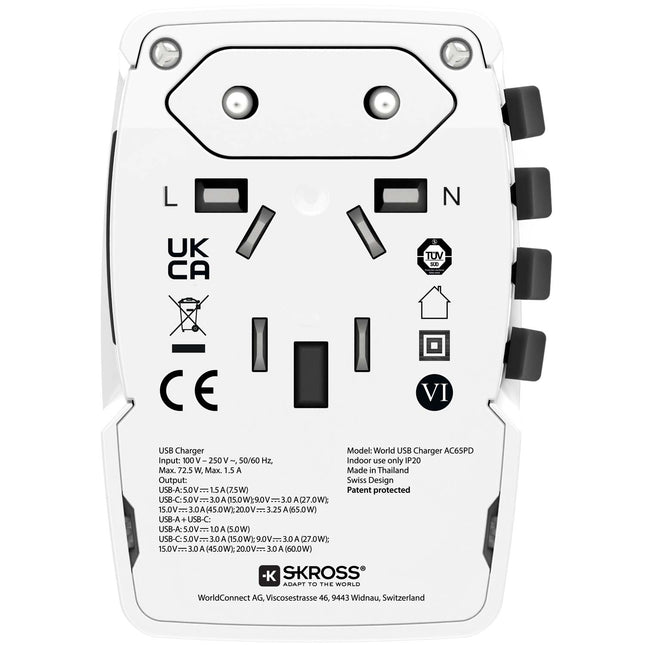 Weltreiseladegerät AC65PD World USB-A+USB-C PD 65W geerdet