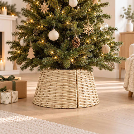 Woven Willow Christmas Tree Skirt, Three-Part Tree Collar, Natural